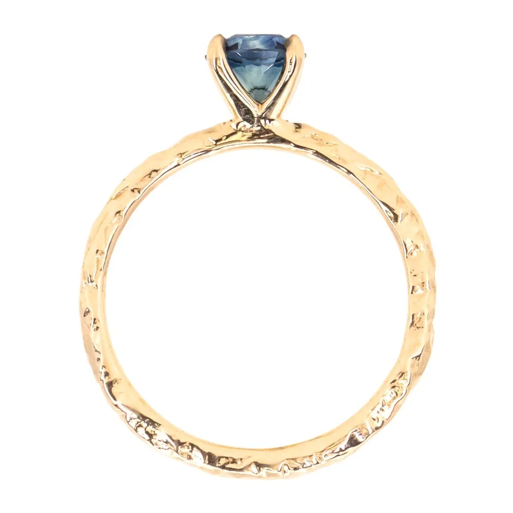 0.93ct Round Montana Sapphire Evergreen Carved Solitaire Ring in 14k Yellow Gold