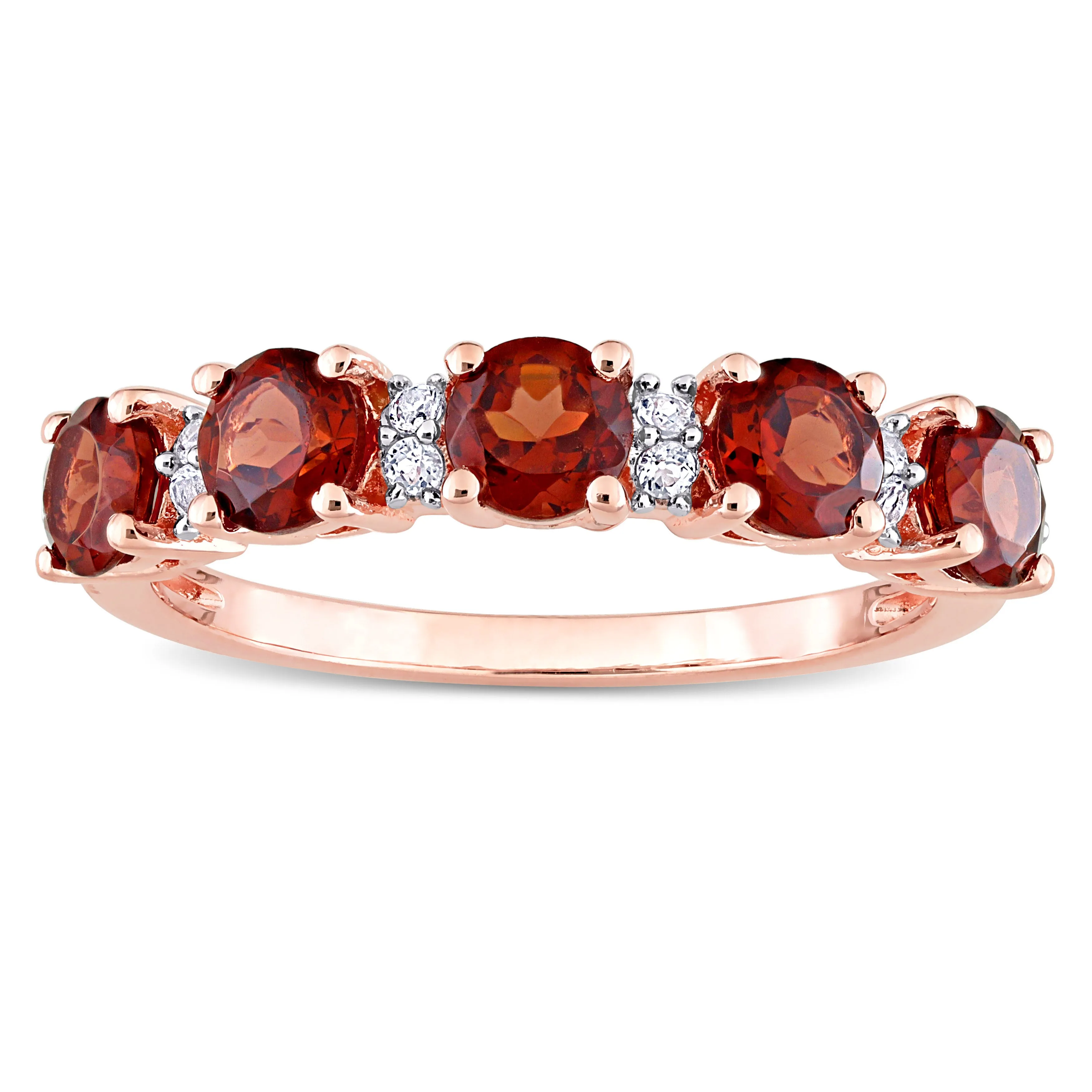 1 3/5 CT TGW Garnet and White Topaz Semi Eternity Ring in Rose Plated Sterling Silver