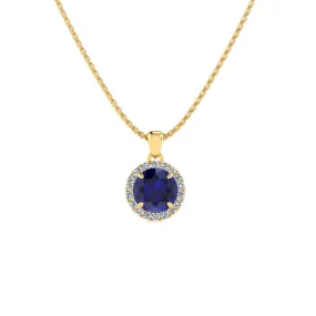 1 Carat Round Shape Sapphire And Halo Diamond Necklace In 14 Karat Yellow Gold