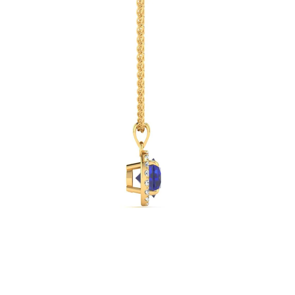 1 Carat Round Shape Sapphire And Halo Diamond Necklace In 14 Karat Yellow Gold