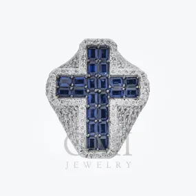 10K GOLD ROUND DIAMOND AND BLUE GEMSTONE CROSS STATEMENT RING 9.22 CTW