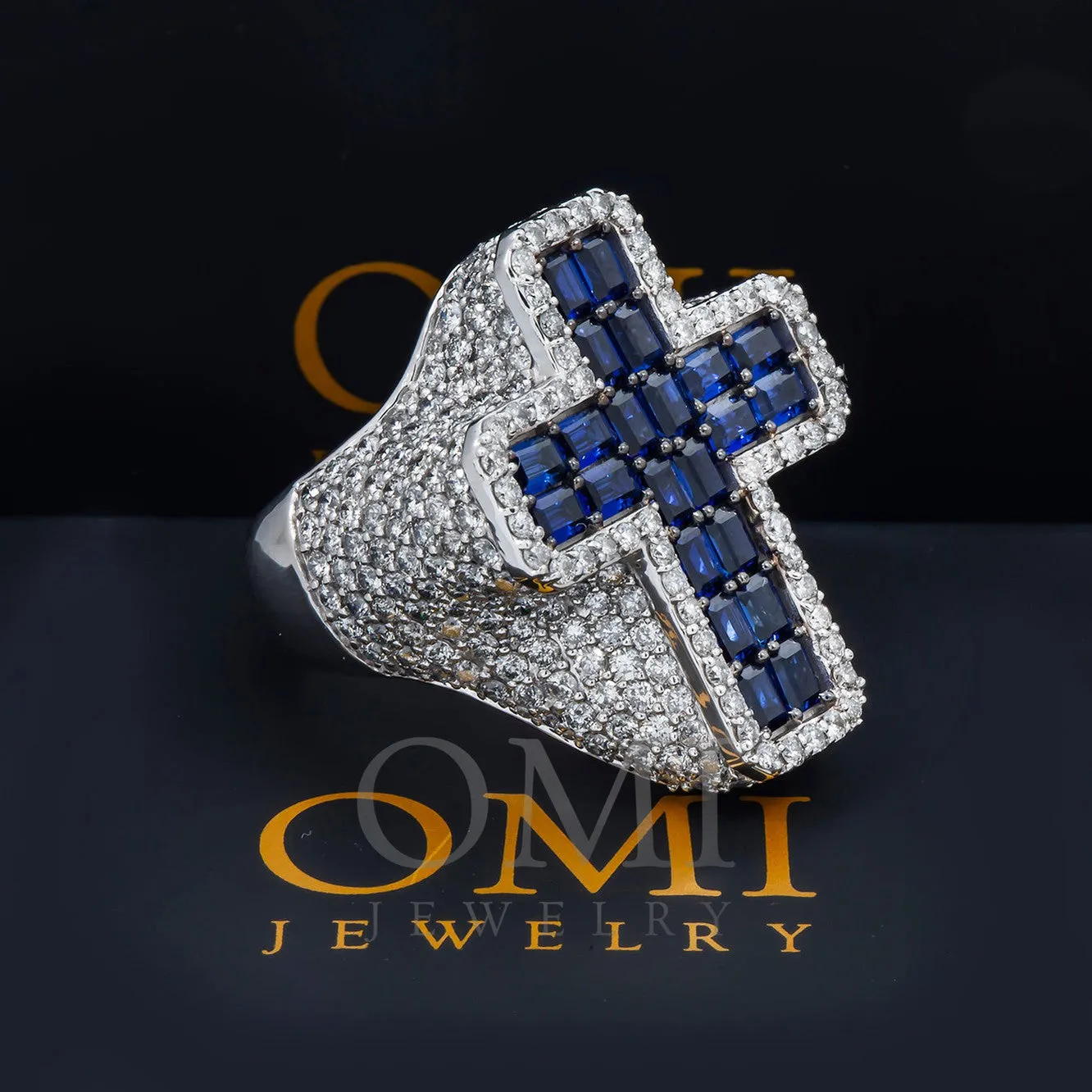 10K GOLD ROUND DIAMOND AND BLUE GEMSTONE CROSS STATEMENT RING 9.22 CTW