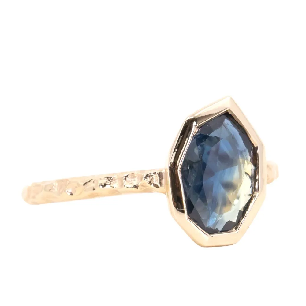 1.16ct Geo Slice Blue Sapphire Evergreen Low Profile Bezel Solitaire Ring in 14k Yellow Gold