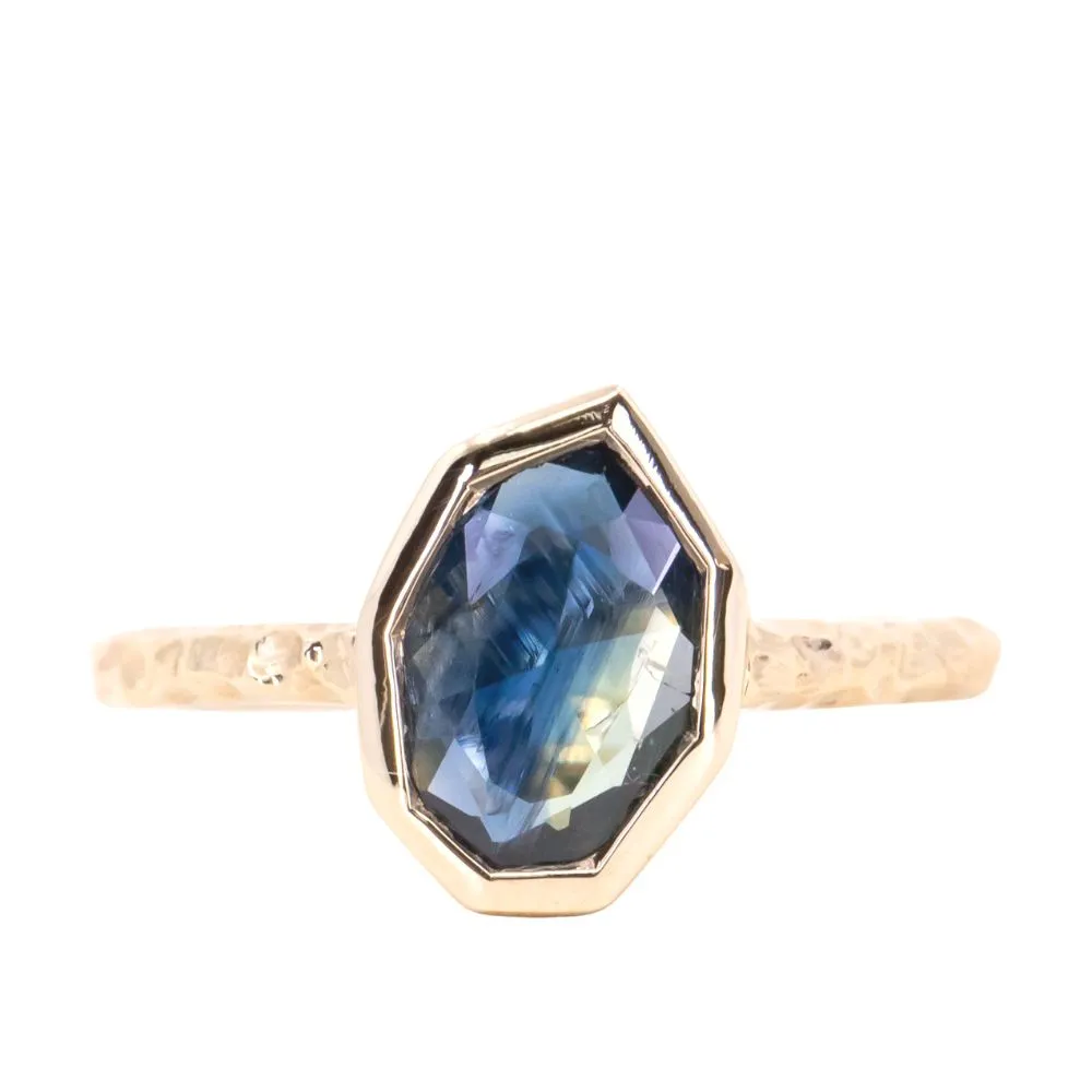 1.16ct Geo Slice Blue Sapphire Evergreen Low Profile Bezel Solitaire Ring in 14k Yellow Gold