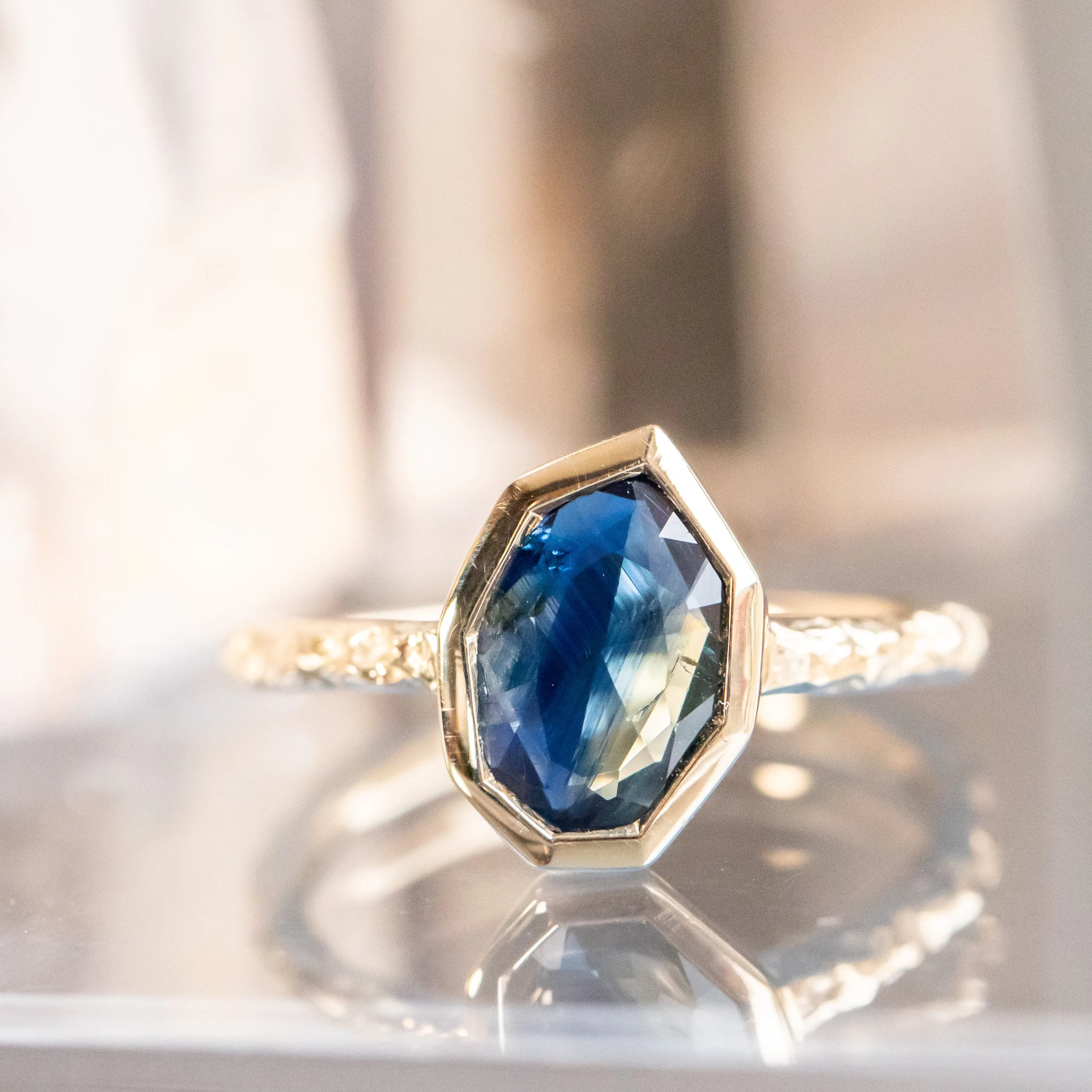 1.16ct Geo Slice Blue Sapphire Evergreen Low Profile Bezel Solitaire Ring in 14k Yellow Gold