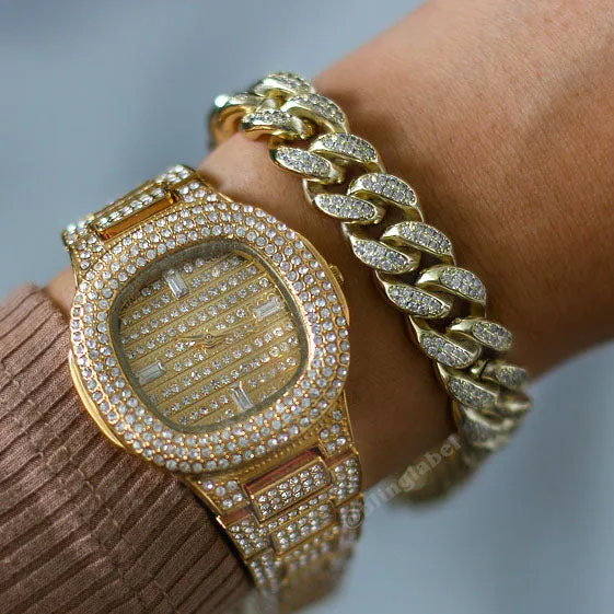 12mm Iced Out Cuban Link Bracelet in Gold