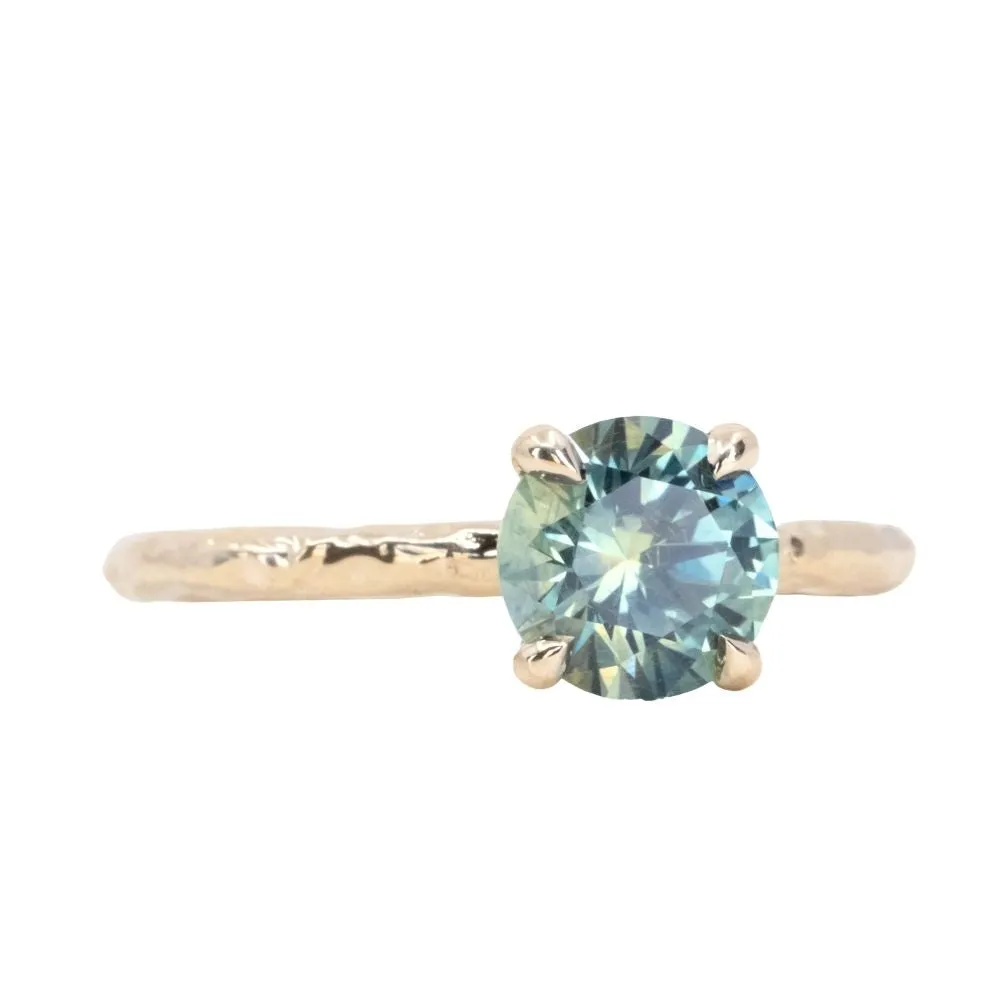 1.47ct Round Teal Montana Sapphire Evergreen Carved 4 Prong Solitaire in 14k Yellow Gold