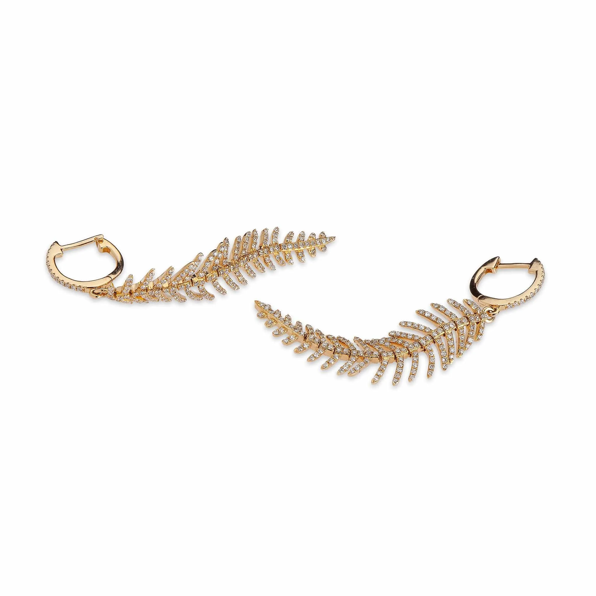 14K Gold and Diamond Feather Drop Earrings