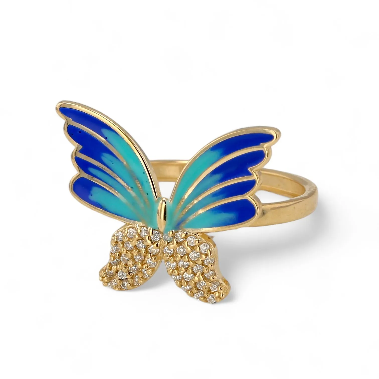 14K Yellow gold two color hand painted blue monarca diamonds butterfly ring-633939