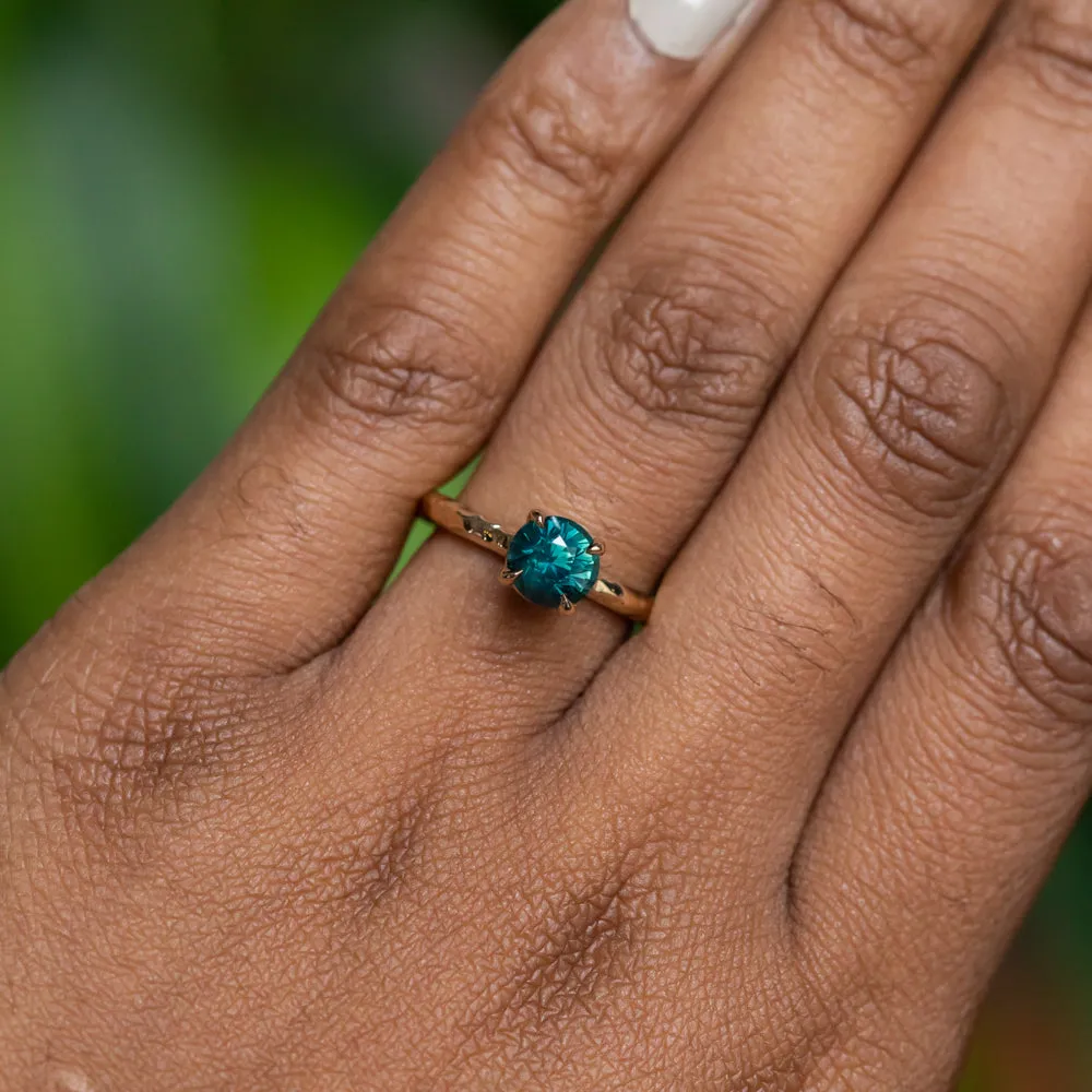 1.55ct Round Deep Teal Madagascar Evergreen Solitaire in 14k Yellow Gold