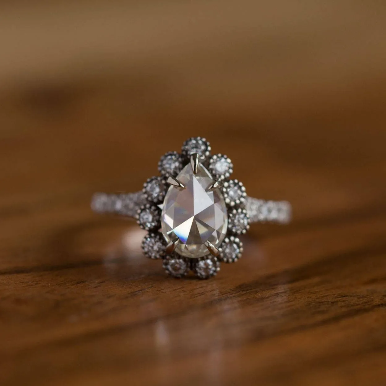 1.5ct Rosecut Moissanite Pear Engagement Ring in Black Rhodium White Gold Diamond Halo - Antique Engagement Ring - Vintage by Anueva Jewelry