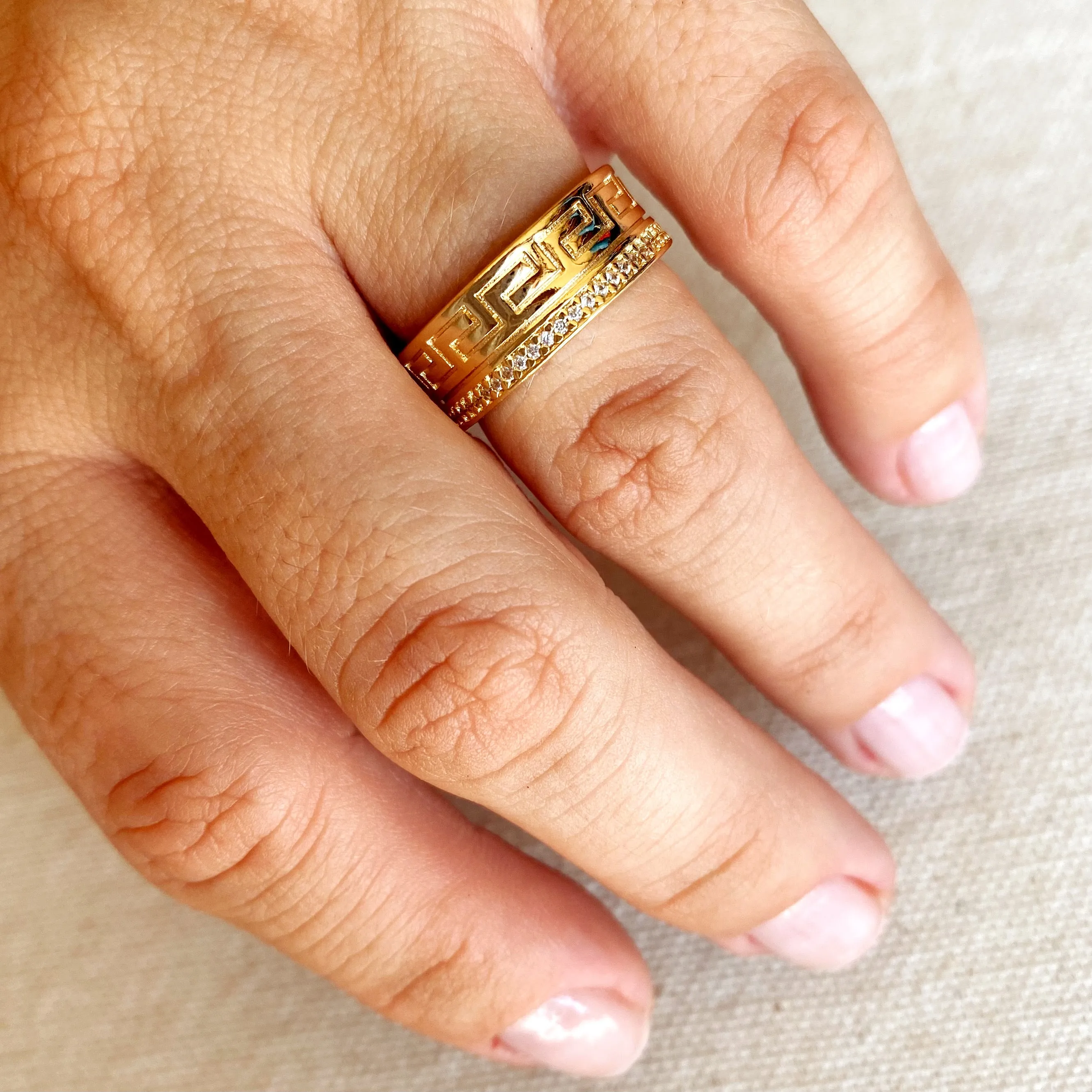 18k Gold Filled Greek Pattern Band Ring With Cubic Zirconia Detail