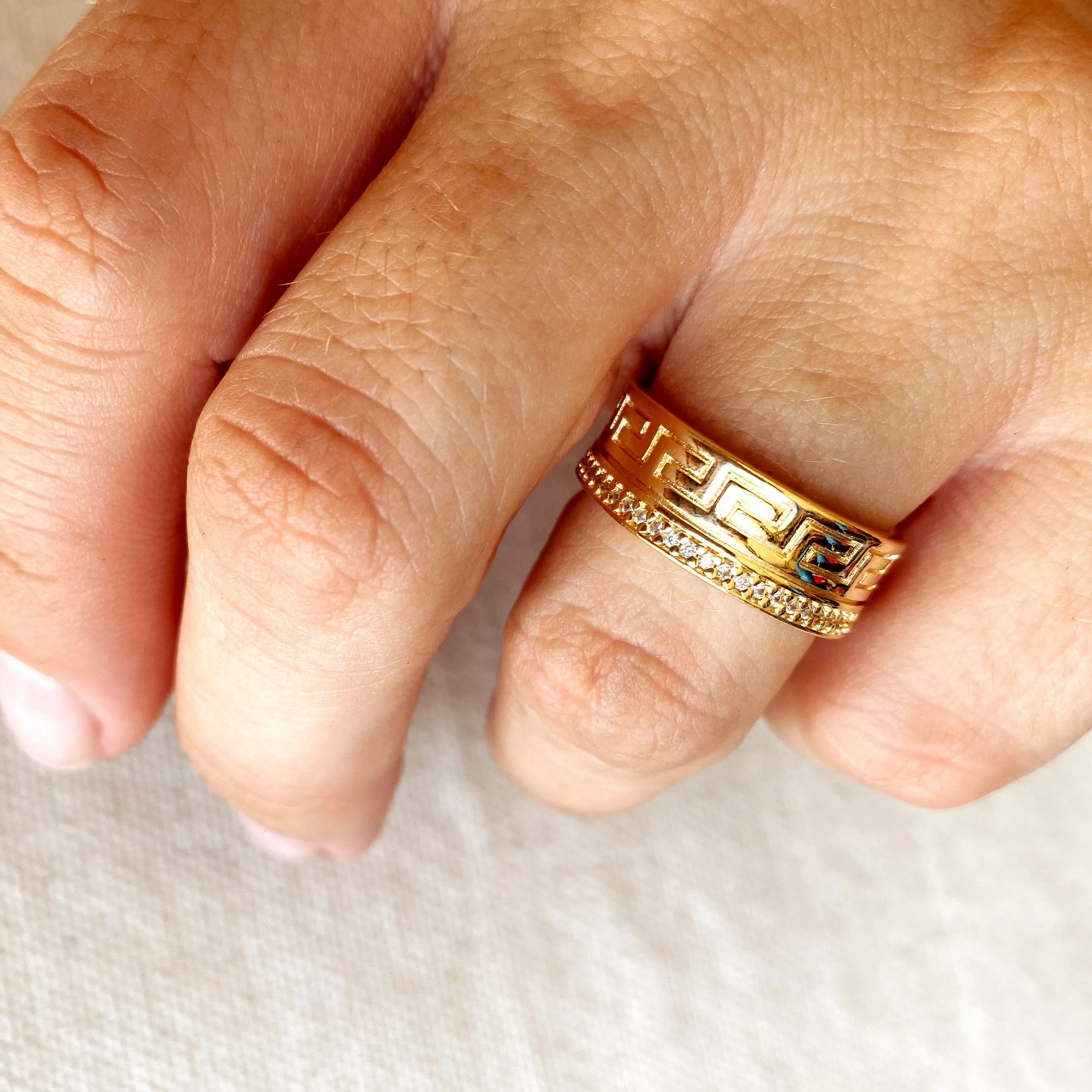 18k Gold Filled Greek Pattern Band Ring With Cubic Zirconia Detail