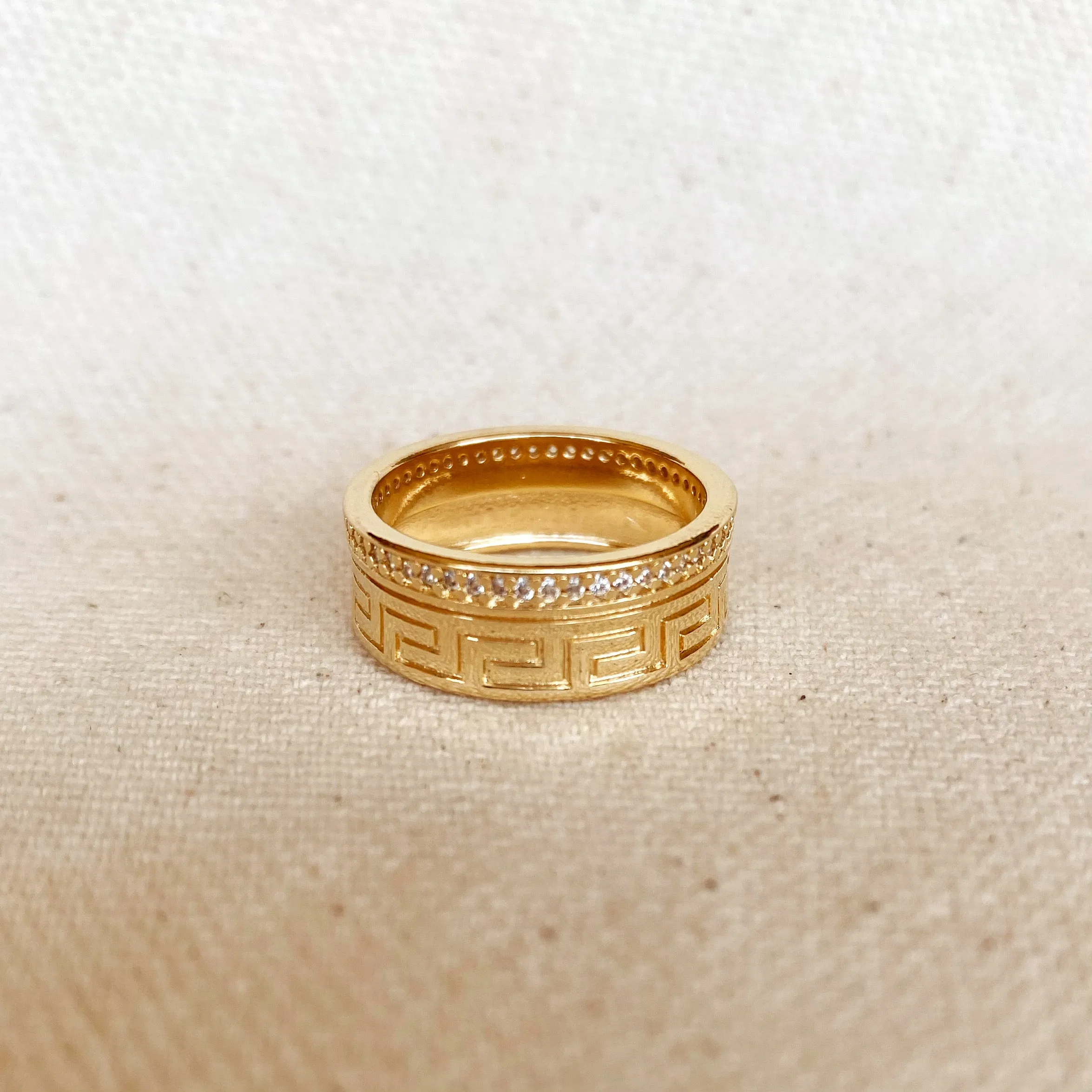 18k Gold Filled Greek Pattern Band Ring With Cubic Zirconia Detail