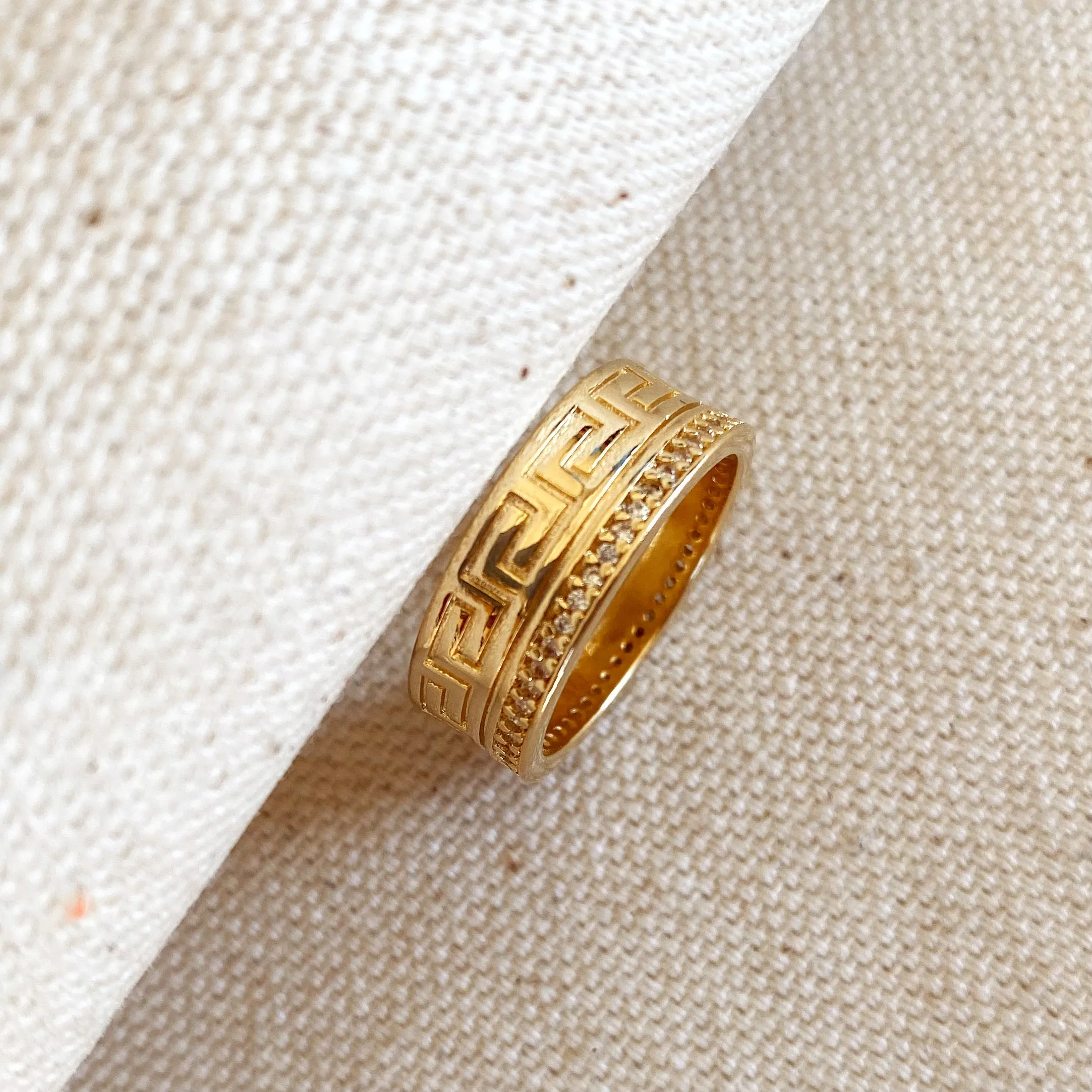 18k Gold Filled Greek Pattern Band Ring With Cubic Zirconia Detail