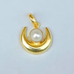 18K Gold Plated Half Moon Shape White Pearl June Birthstone Drop Pendant