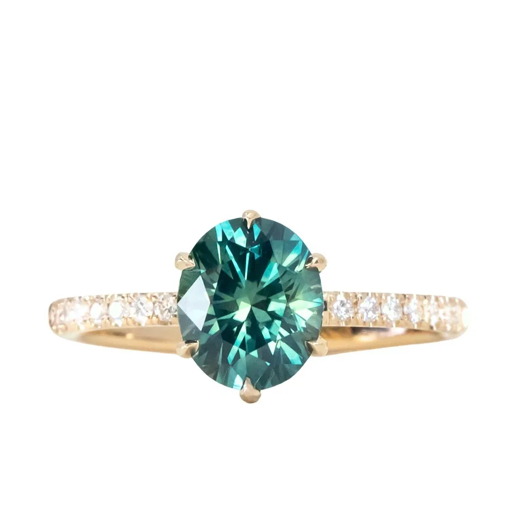 1.94ct Precision Cut Teal Oval Montana Sapphire Lotus Six Prong Solitaire with Diamonds in 14k Yellow Gold