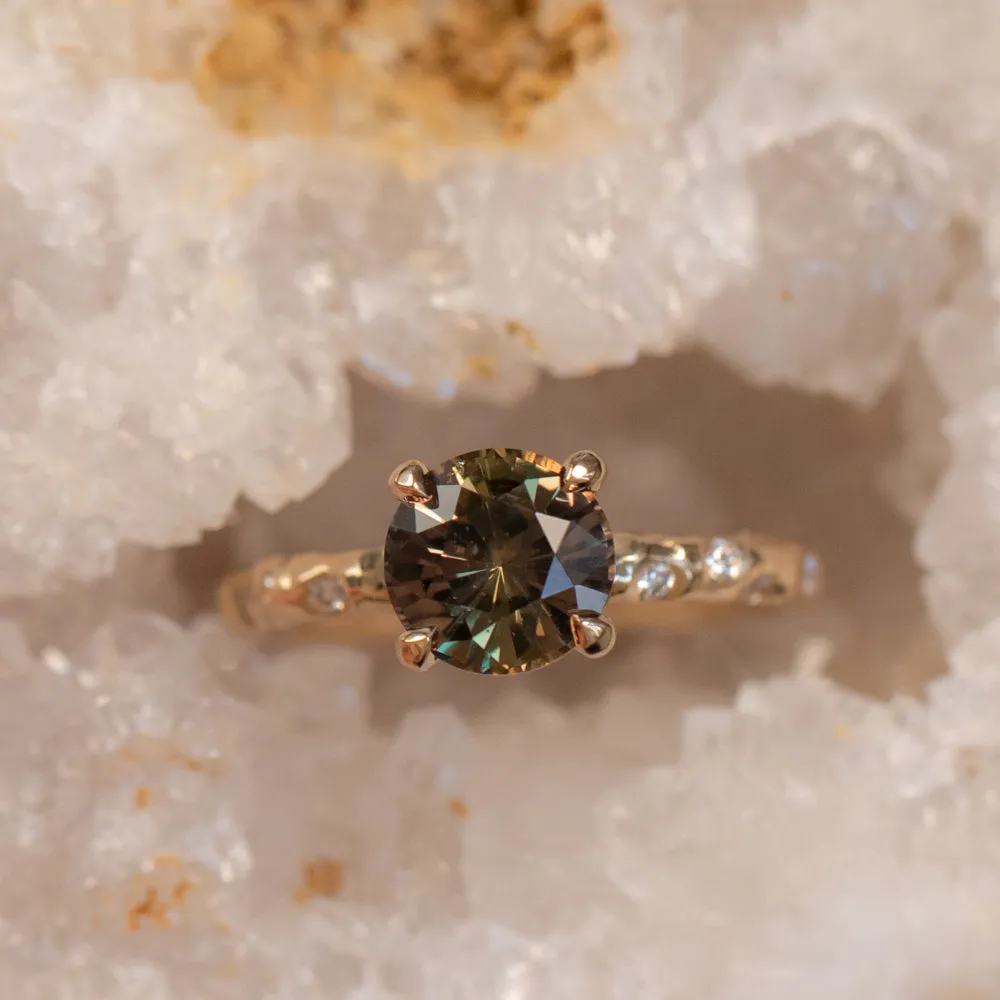 2.02ct Multicolor Earthy Madagascar Sapphire 4 Prong Evergreen Solitaire with Scattered Embedded Diamonds in 14k Yellow Gold