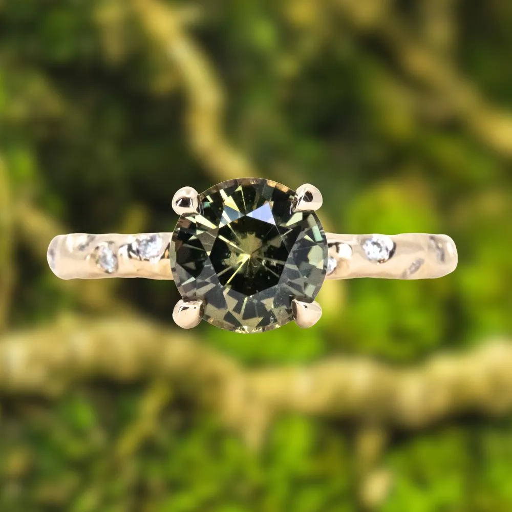 2.02ct Multicolor Earthy Madagascar Sapphire 4 Prong Evergreen Solitaire with Scattered Embedded Diamonds in 14k Yellow Gold