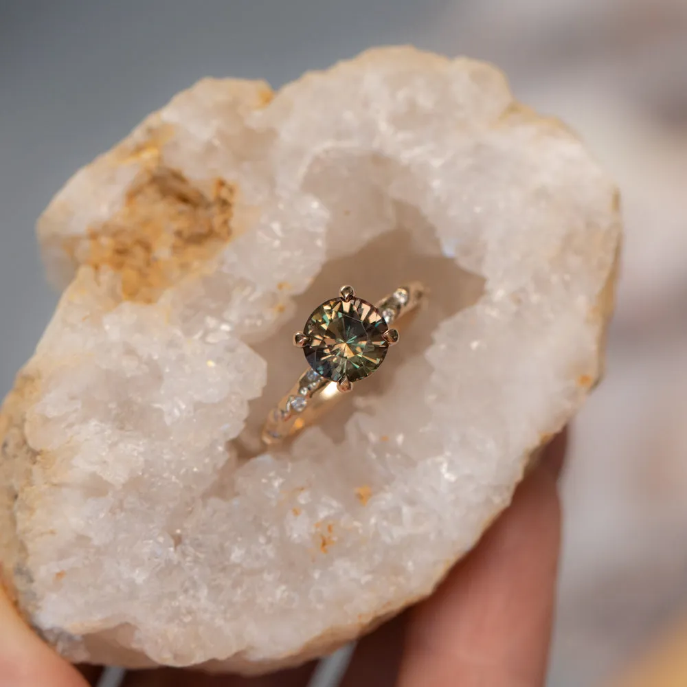 2.02ct Multicolor Earthy Madagascar Sapphire 4 Prong Evergreen Solitaire with Scattered Embedded Diamonds in 14k Yellow Gold