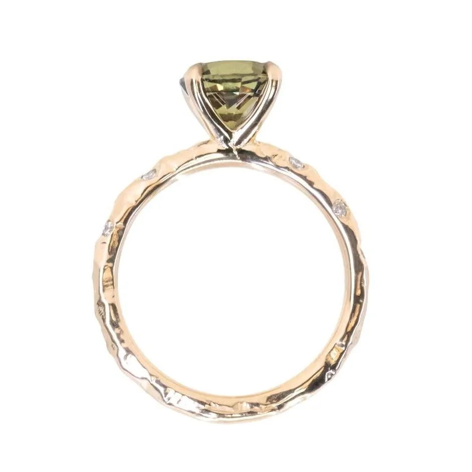 2.02ct Multicolor Earthy Madagascar Sapphire 4 Prong Evergreen Solitaire with Scattered Embedded Diamonds in 14k Yellow Gold