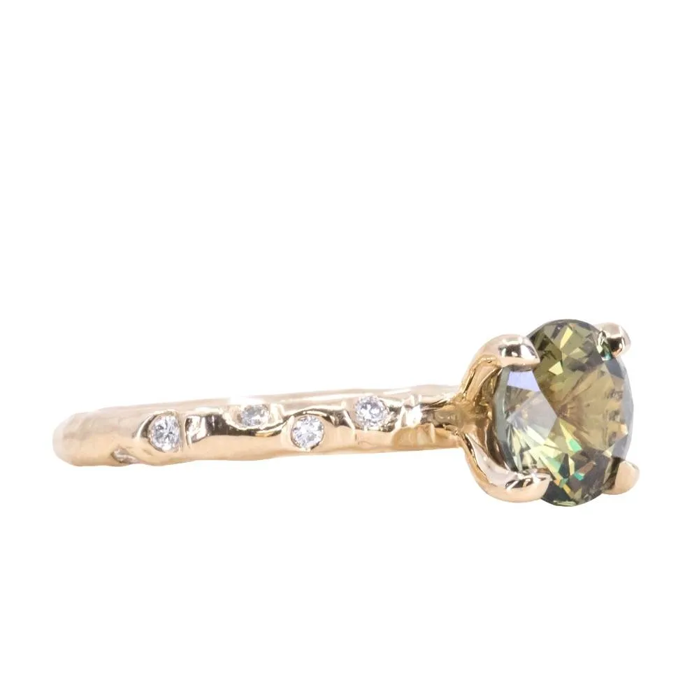 2.02ct Multicolor Earthy Madagascar Sapphire 4 Prong Evergreen Solitaire with Scattered Embedded Diamonds in 14k Yellow Gold