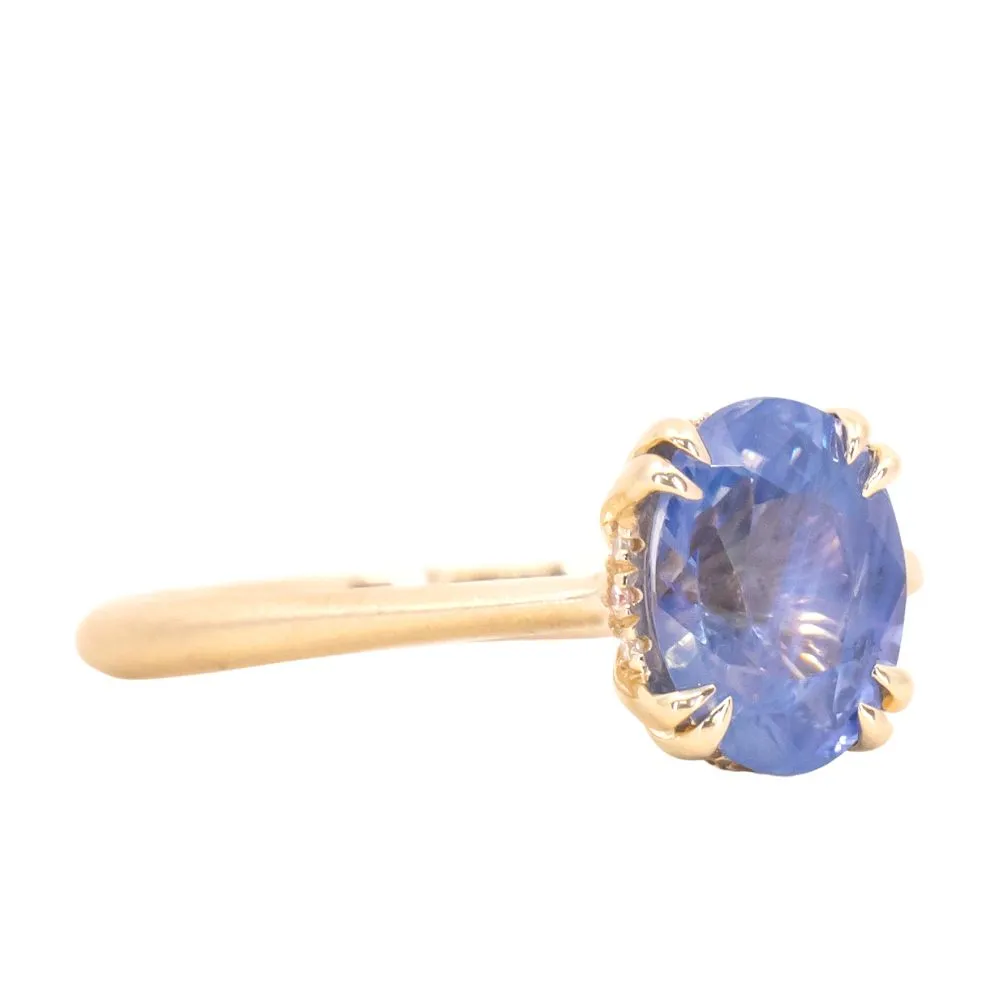 2.04ct Opalescent Oval Sapphire Solitaire Ring with Hidden Halo and Double Prongs in 14k Satin Yellow Gold