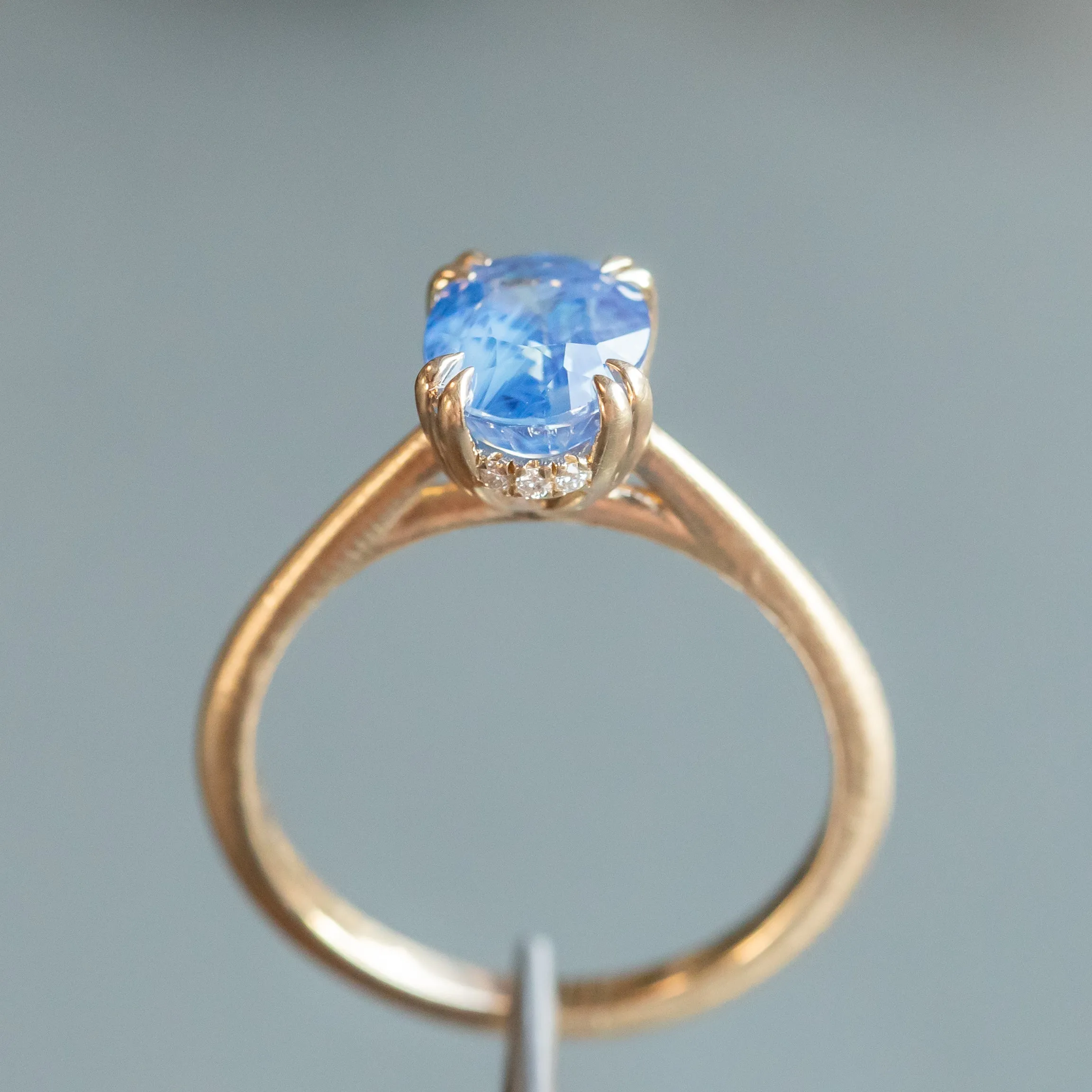 2.04ct Opalescent Oval Sapphire Solitaire Ring with Hidden Halo and Double Prongs in 14k Satin Yellow Gold