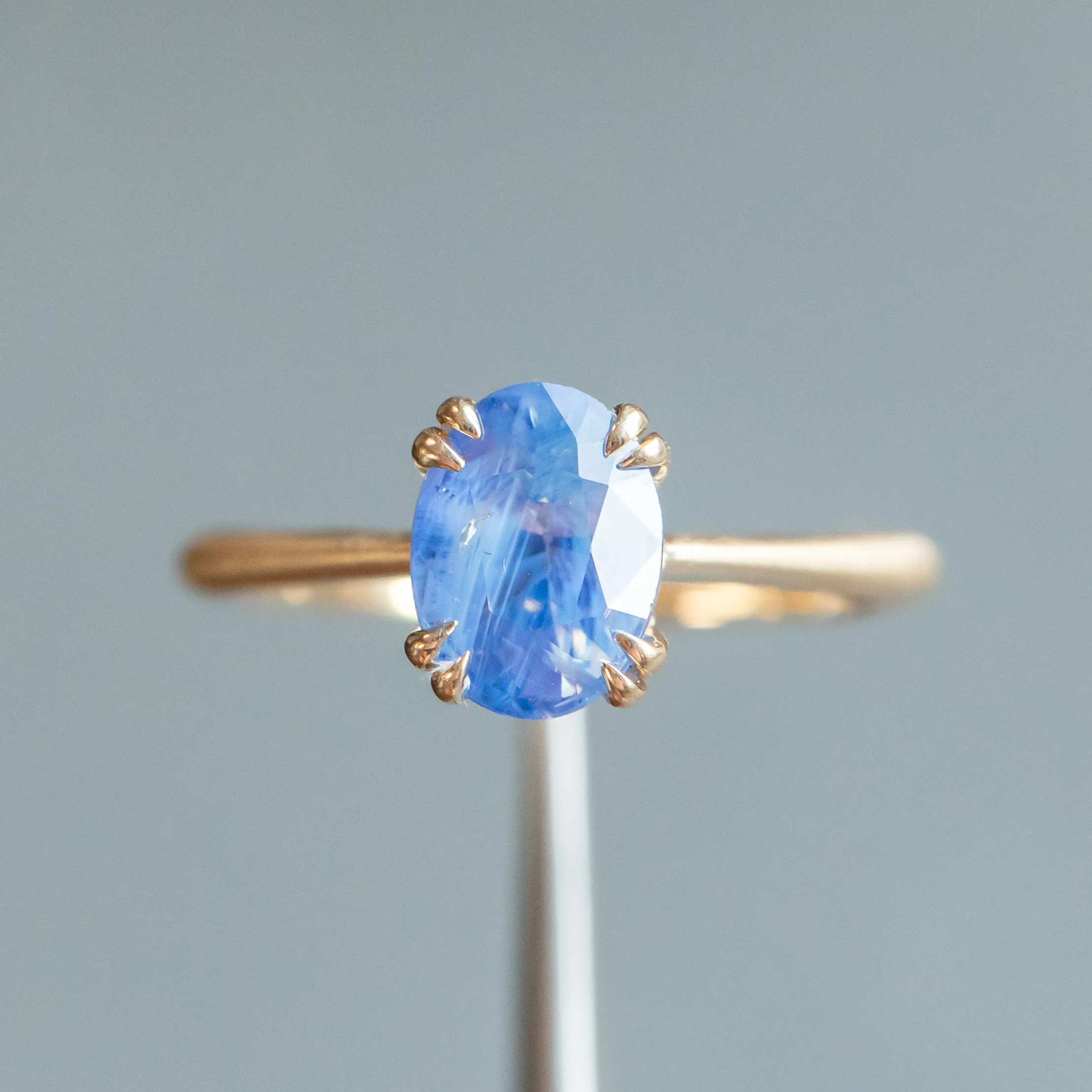 2.04ct Opalescent Oval Sapphire Solitaire Ring with Hidden Halo and Double Prongs in 14k Satin Yellow Gold