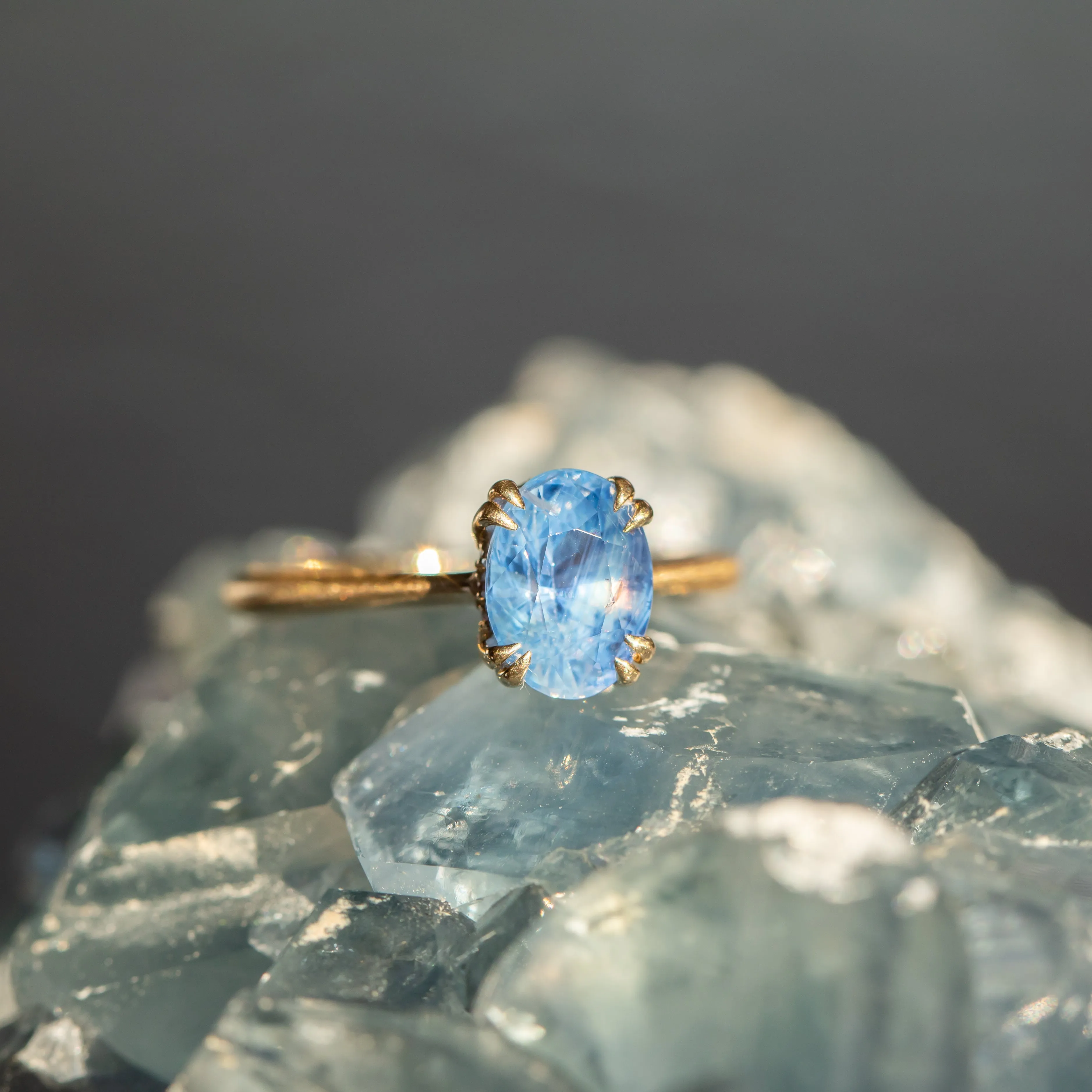 2.04ct Opalescent Oval Sapphire Solitaire Ring with Hidden Halo and Double Prongs in 14k Satin Yellow Gold