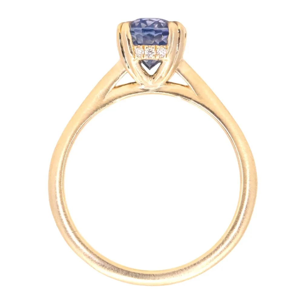 2.04ct Opalescent Oval Sapphire Solitaire Ring with Hidden Halo and Double Prongs in 14k Satin Yellow Gold