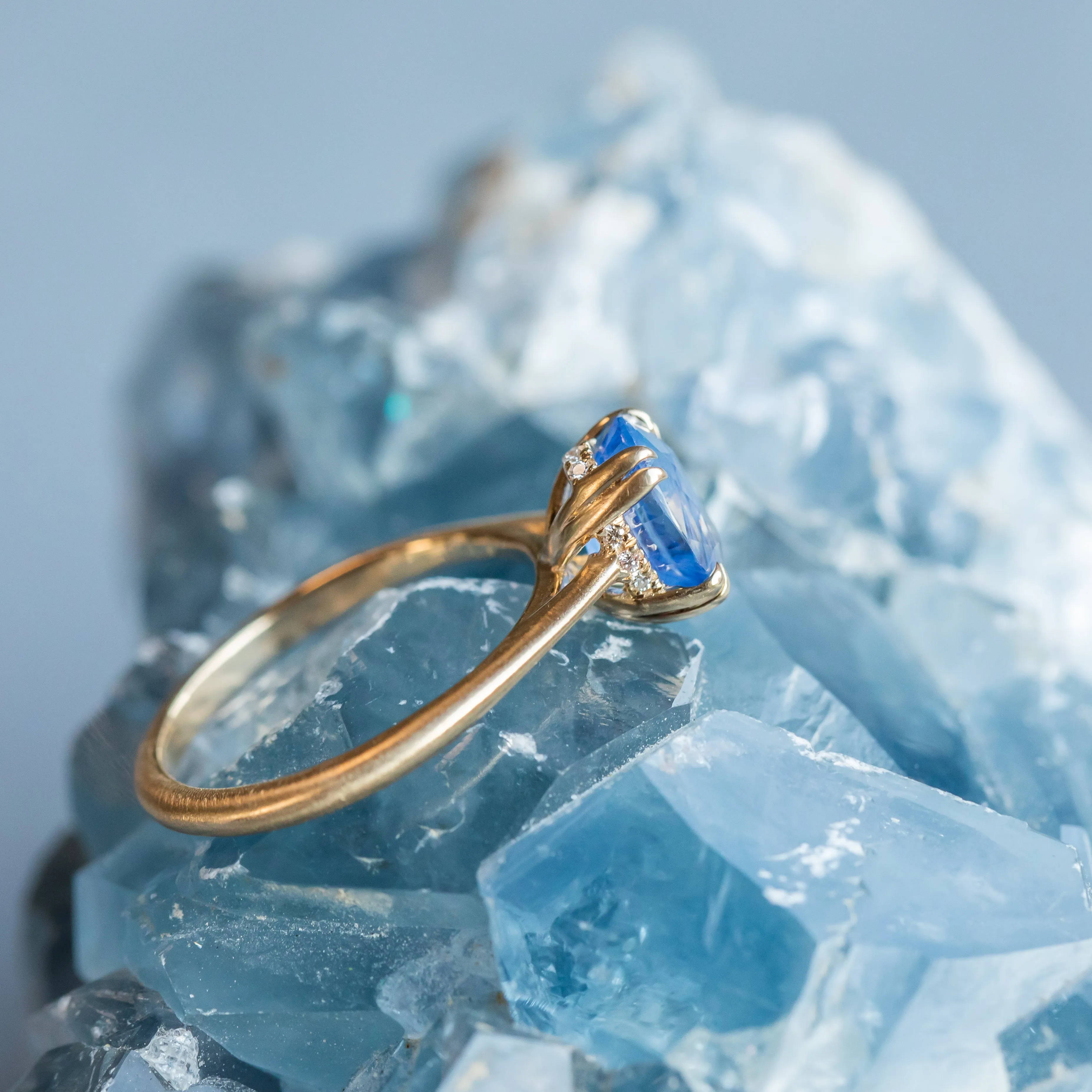 2.04ct Opalescent Oval Sapphire Solitaire Ring with Hidden Halo and Double Prongs in 14k Satin Yellow Gold