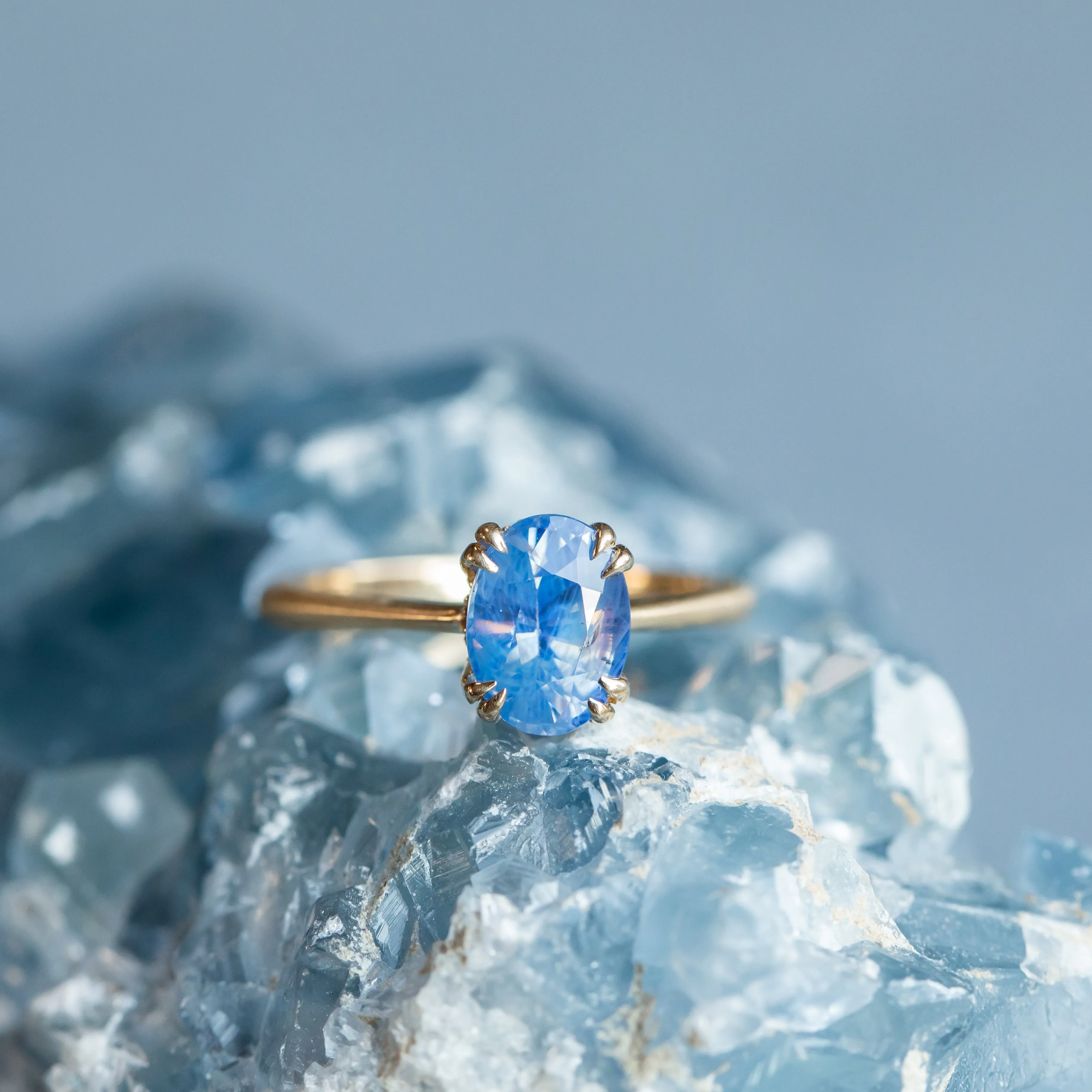 2.04ct Opalescent Oval Sapphire Solitaire Ring with Hidden Halo and Double Prongs in 14k Satin Yellow Gold