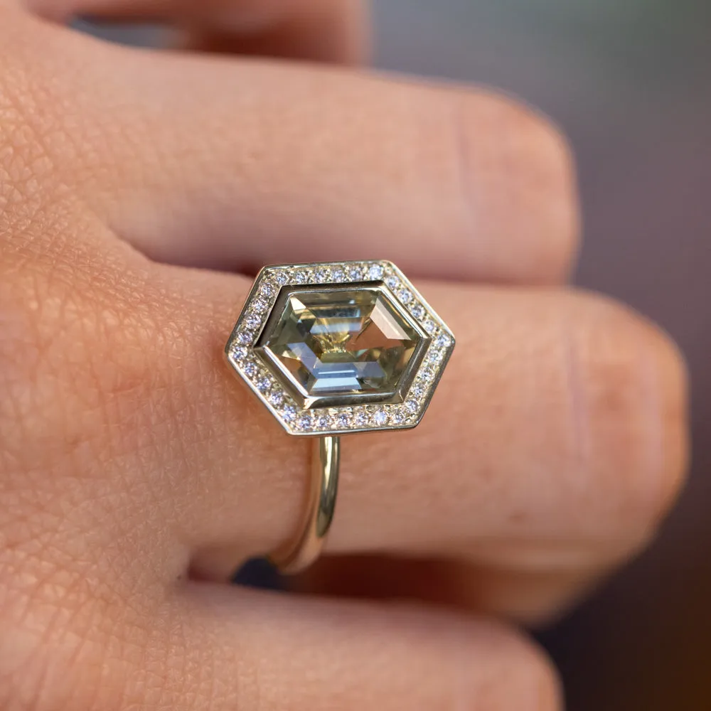 2.17ct Minty Madagascar Elongated Hexagon Sapphire Bezel Set Diamond Halo Ring in Green Gold