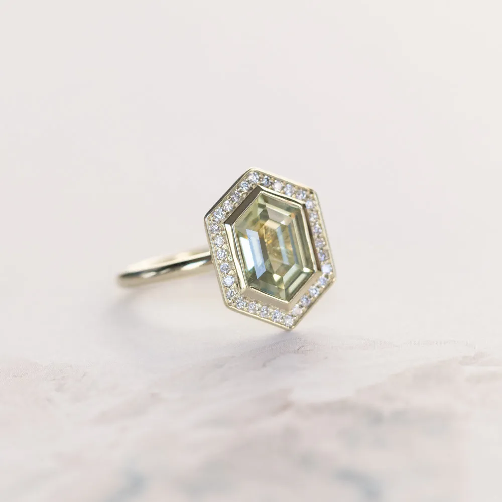 2.17ct Minty Madagascar Elongated Hexagon Sapphire Bezel Set Diamond Halo Ring in Green Gold