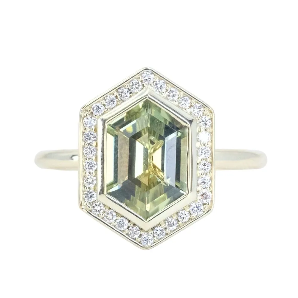 2.17ct Minty Madagascar Elongated Hexagon Sapphire Bezel Set Diamond Halo Ring in Green Gold