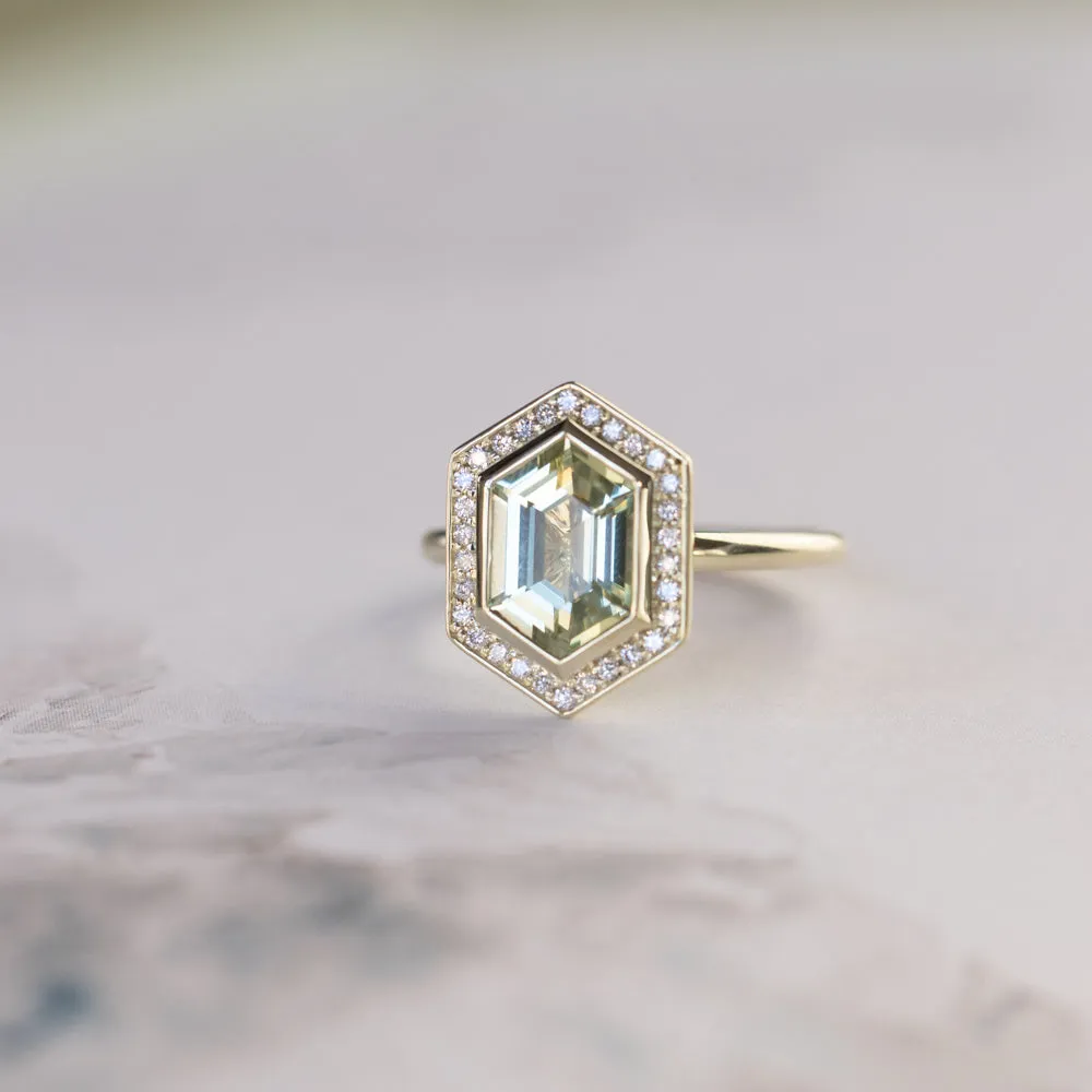 2.17ct Minty Madagascar Elongated Hexagon Sapphire Bezel Set Diamond Halo Ring in Green Gold