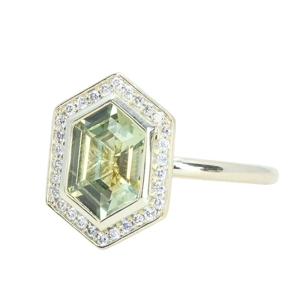 2.17ct Minty Madagascar Elongated Hexagon Sapphire Bezel Set Diamond Halo Ring in Green Gold