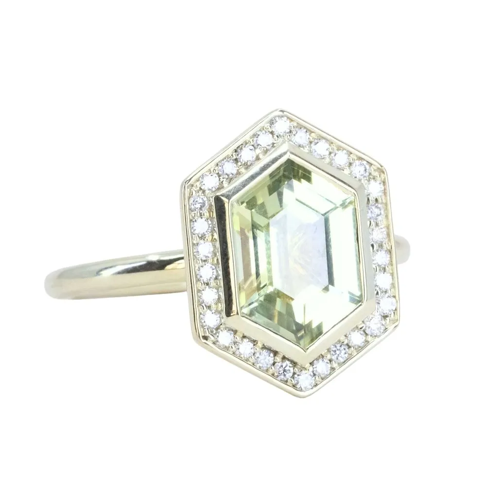 2.17ct Minty Madagascar Elongated Hexagon Sapphire Bezel Set Diamond Halo Ring in Green Gold