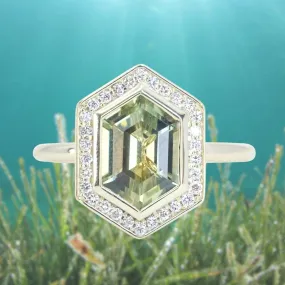 2.17ct Minty Madagascar Elongated Hexagon Sapphire Bezel Set Diamond Halo Ring in Green Gold