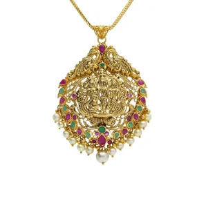 22K Yellow Antique Gold Ram Parivar Pendant W/ Pearls, Emeralds, Rubies & Peacock Accents