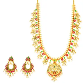 22K Yellow Gold Antique Guttapusalu Necklace and Earrings Set W/ Emeralds, Pearls, CZ, Rubies & Round Pendant