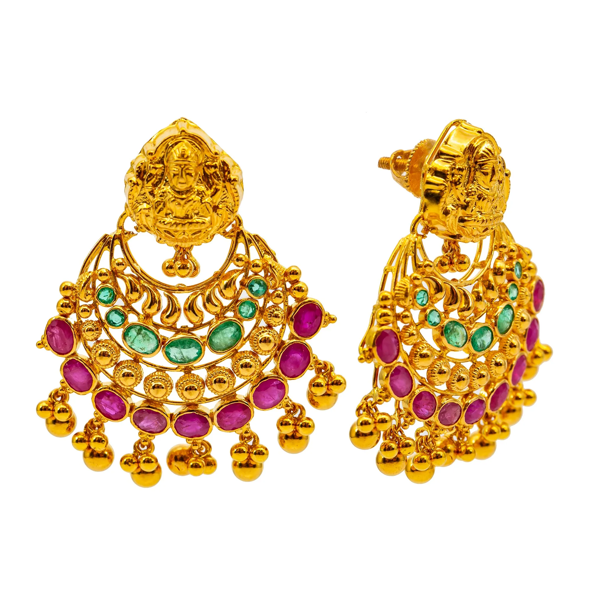 22K Yellow Gold, Emerald, & Ruby Goddess Laxmi Jewelry Set (82.3 grams)