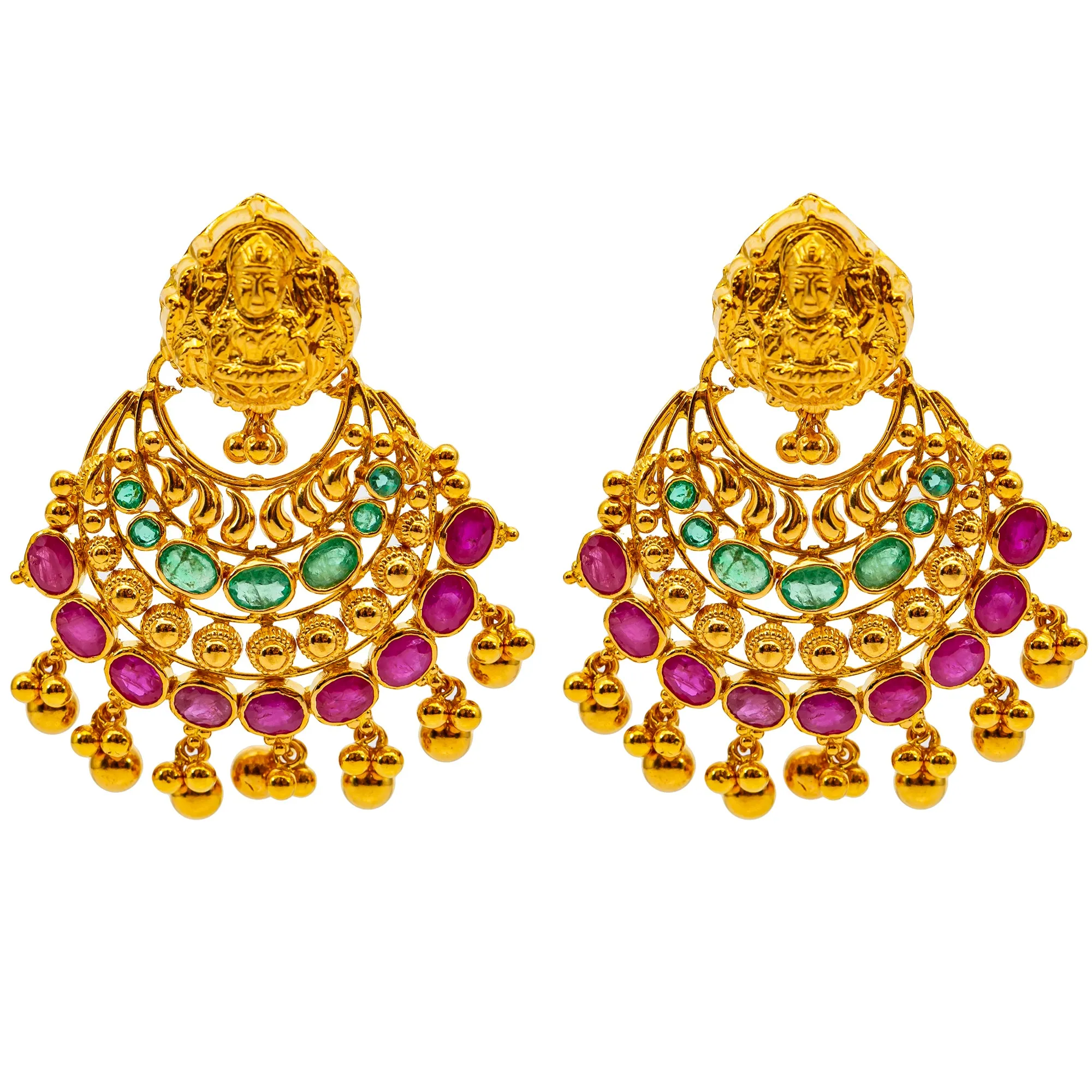 22K Yellow Gold, Emerald, & Ruby Goddess Laxmi Jewelry Set (82.3 grams)