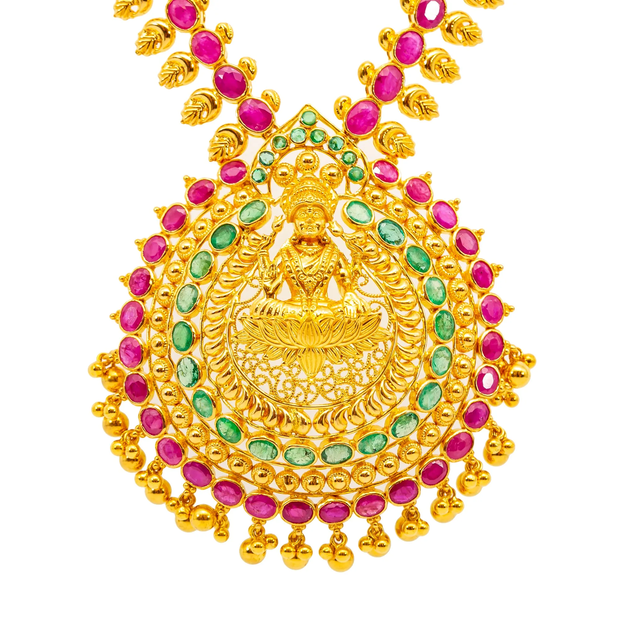 22K Yellow Gold, Emerald, & Ruby Goddess Laxmi Jewelry Set (82.3 grams)