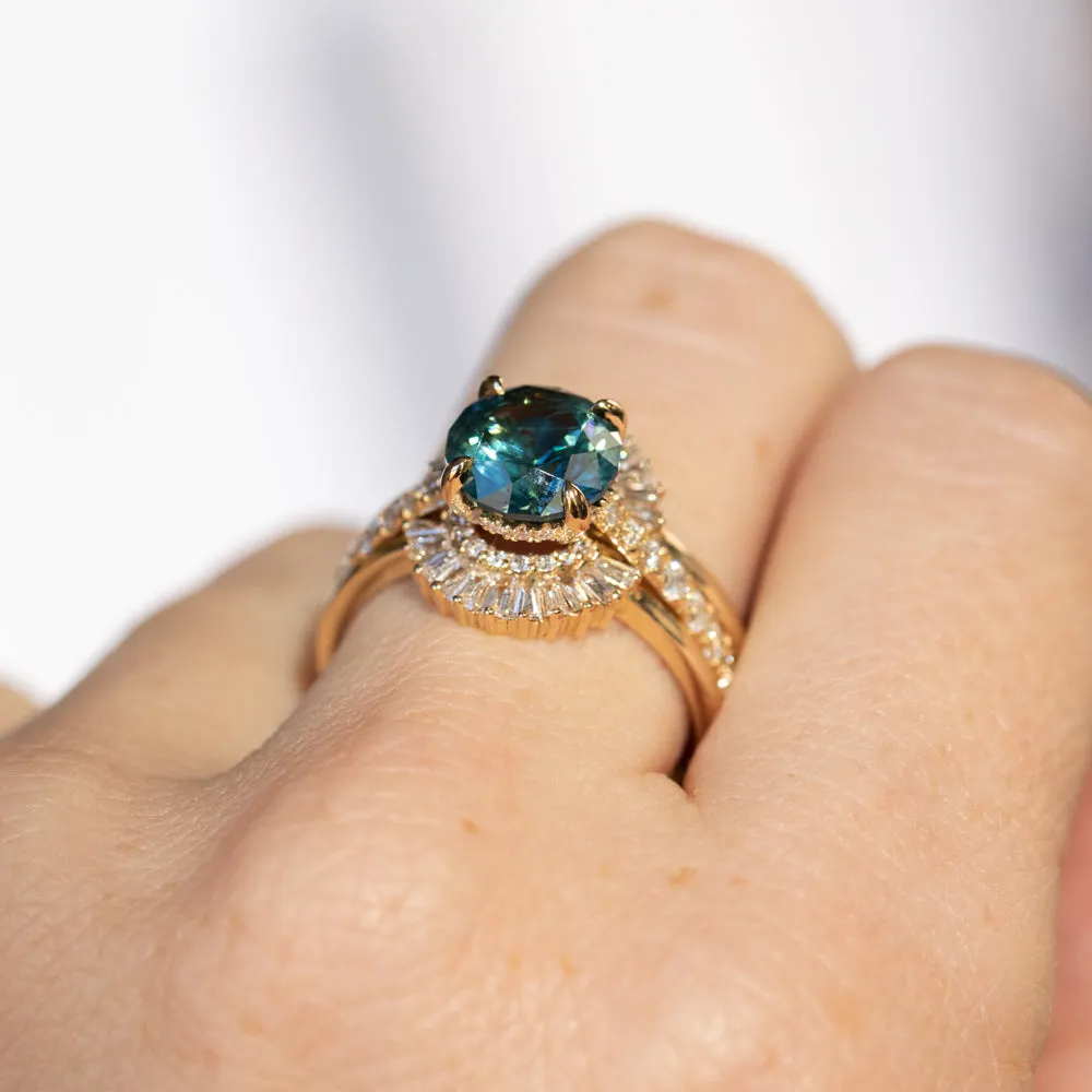 2.54ct Round Teal Sapphire Hidden Halo Solitaire with French Set Diamonds in 18k Yellow Gold