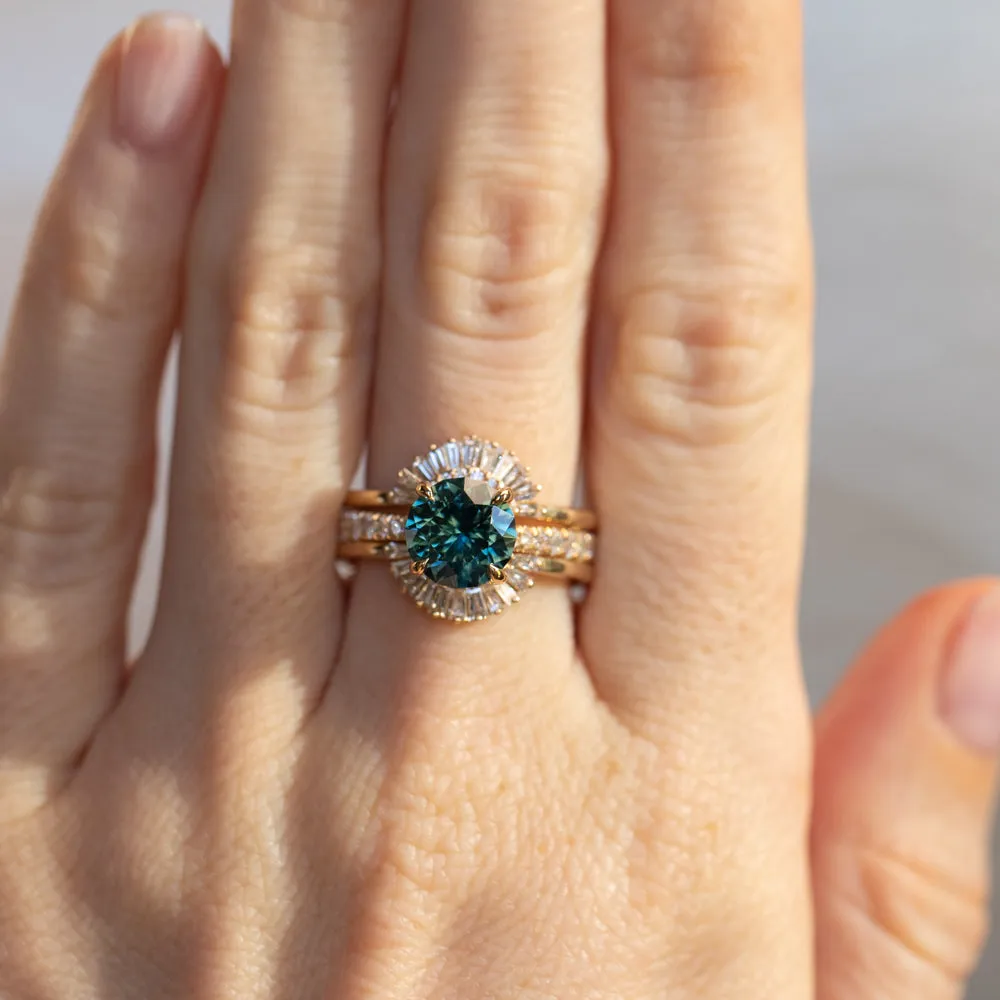 2.54ct Round Teal Sapphire Hidden Halo Solitaire with French Set Diamonds in 18k Yellow Gold