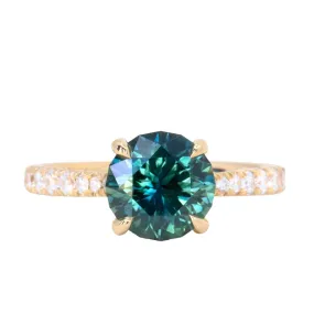 2.54ct Round Teal Sapphire Hidden Halo Solitaire with French Set Diamonds in 18k Yellow Gold