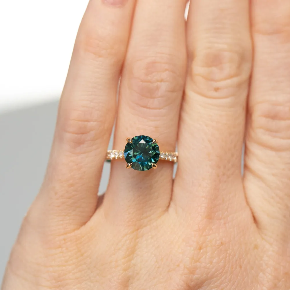 2.54ct Round Teal Sapphire Hidden Halo Solitaire with French Set Diamonds in 18k Yellow Gold