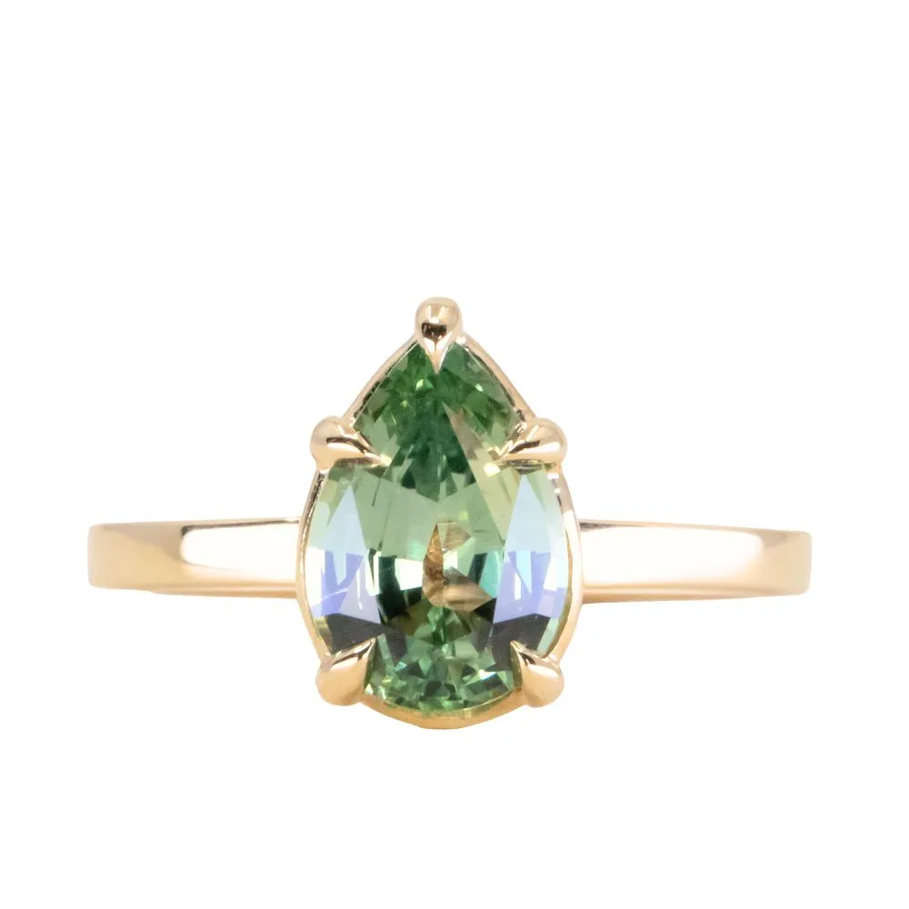 2.63ct Seafoam Pear Montana Sapphire Flat Band 5 Prong Solitaire in 18k Yellow Gold